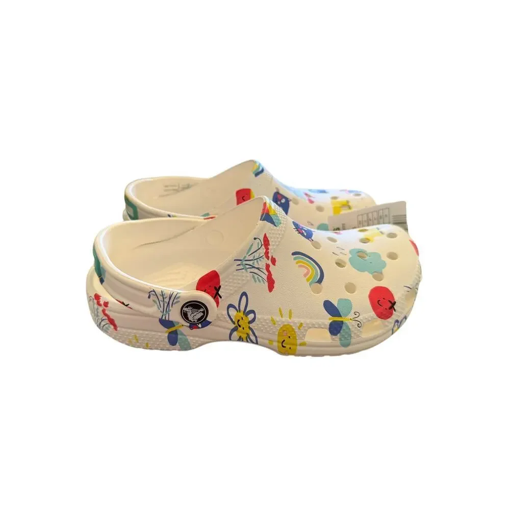 Crocs ﻿Kid's Junior White Multi Classic Doodle Print Clog Shoes Size 3